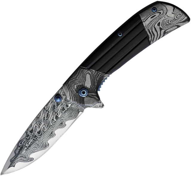 ElitEdge Damascus Etched Black A/O Folding Knife 4.5in Closed 3.5in Damascus Etched Blade Black Stainless Handle - Elitedge