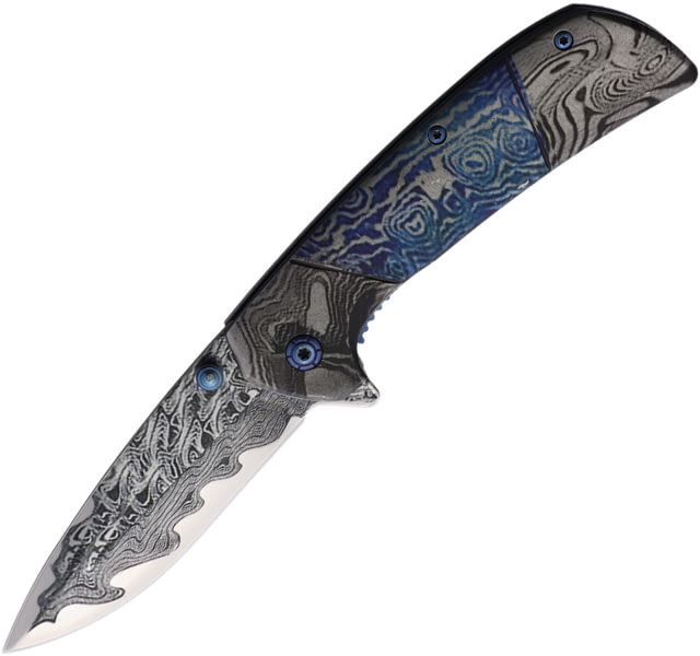 ElitEdge Damascus Etched Black A/O Folding Knife 4.5in Closed 3.5in Damascus Etched Blade Blue Stainless Handle - Elitedge