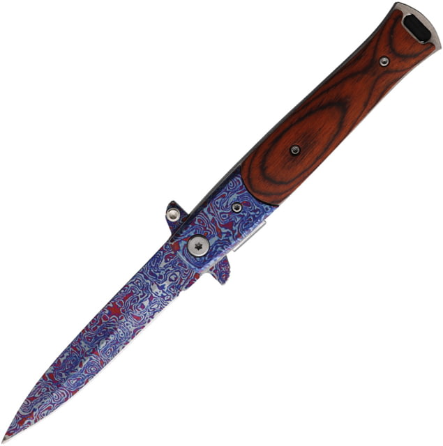 ElitEdge Damascus Etched A/O Folding Knife 4.88in Closed 3.75in Blue/Red Damascus Etched Blade Brown Wood Handle - Elitedge