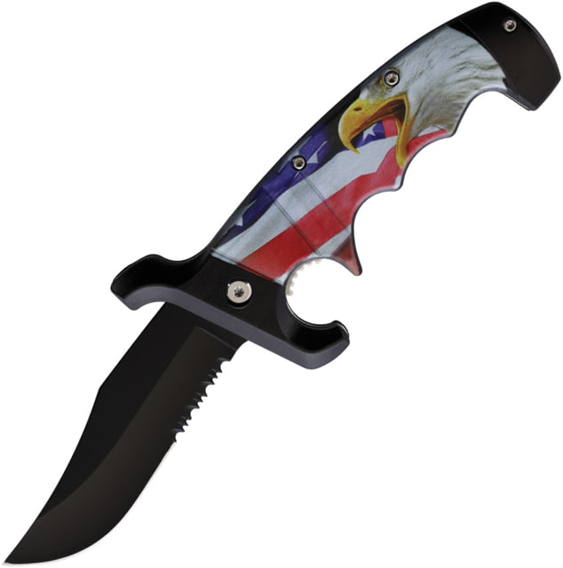 ElitEdge Eagle Serrated A/O Folding Knife 5in Closed 3.75in Black Partially Serrated Stainless Clip Point Blade Synthetic Handle - Elitedge