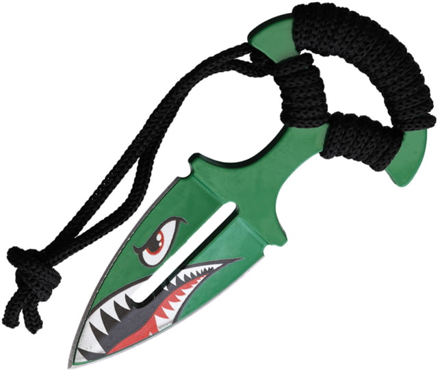 ElitEdge Green Angry Shark Push Dagger 5in Overall 2.5in Green Double Edge Dagger Blade Black Cord Wrapped Handle Synthetic Sheath - Elitedge