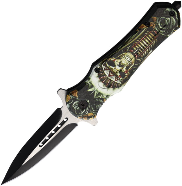 ElitEdge West Skull A/O Folding Knife 5in Closed 3.5in Two-Tone False Edge Stainless Spear Point Blade Nickel Silver Handle - Elitedge