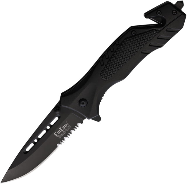 ElitEdge Rescue A/O Folding Knife 5in Closed 3.5in Black Partially Serrated Stainless Blade Black Aluminum Handle - Elitedge