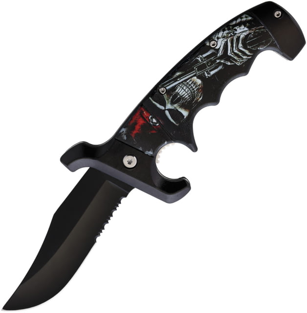 ElitEdge Skull Serrated A/O Folding Knife 5in Closed 3.75in Black Partially Serrated Stainless Clip Point Blade Synthetic Handle - Elitedge