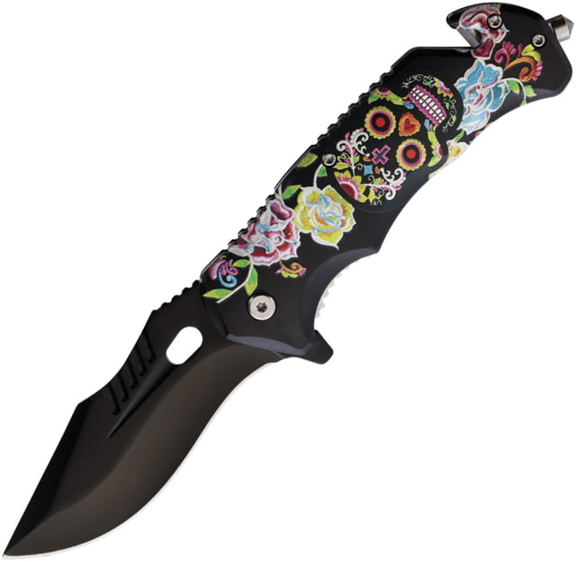 ElitEdge Sugar Skull A/O Folding Knife 5in Closed 3.75in Black Stainless Blade Synthetic Handle - Elitedge