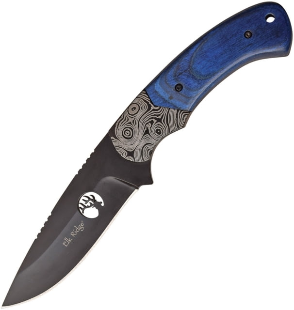Elk Ridge Blue Knife 8in Overall 4in Black 3Cr13 SS Drop Point Blue Pakkawood Handle Brown Leather Sheath - Elk Ridge