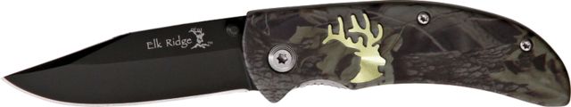 Elk Ridge Camo Linerlock Folding Knife 2.625in Black Coated Drop Point Camo Aluminum Handle ER118