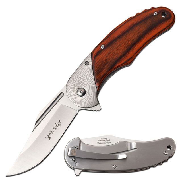 Elk Ridge Spring Assisted Folding Knive 3.5in Blade 3CR13 Steel Blade Knive Wood - Elk Ridge