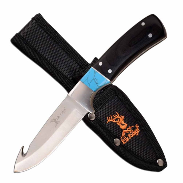 Elk Ridge  Fixed Blade Knife 3.1in 3CR13 Stainless Steel Gut Hook Steel Blade Pakkawood Handle Black/Blue - Elk Ridge