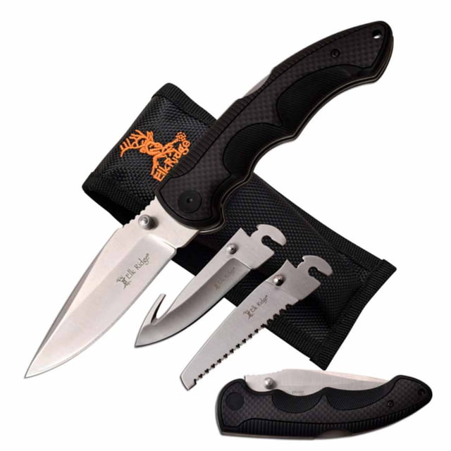 Elk Ridge  Manual Folding Knife 3.6in 3CR13 Stainless Steel Drop Point/Gut Hook/Saw Steel Blade Nylon Fiber Handle Black - Elk Ridge
