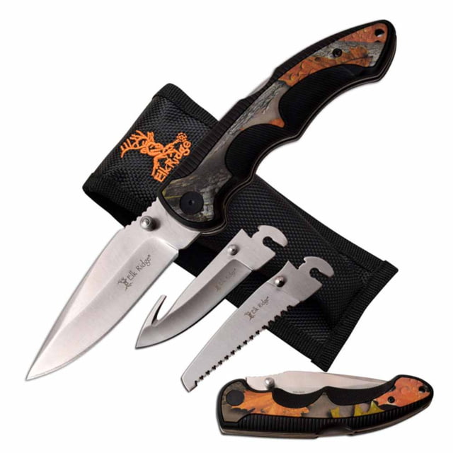 Elk Ridge Manual Folding Knife 3.6in 3CR13 Stainless Steel Drop Point/Gut Hook/Saw Steel Blade Nylon Fiber Handle Camo