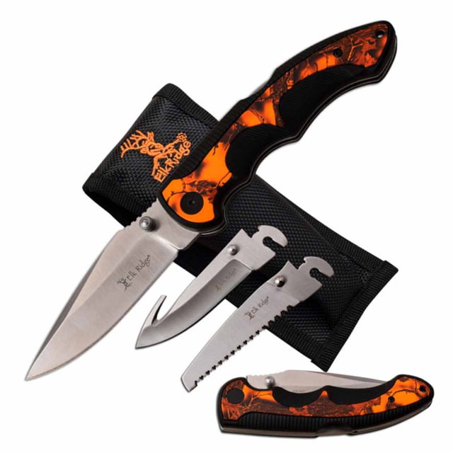 Elk Ridge Manual Folding Knife 3.6in 3CR13 Stainless Steel Drop Point/Gut Hook/Saw Steel Blade Nylon Fiber Handle Orange Camo