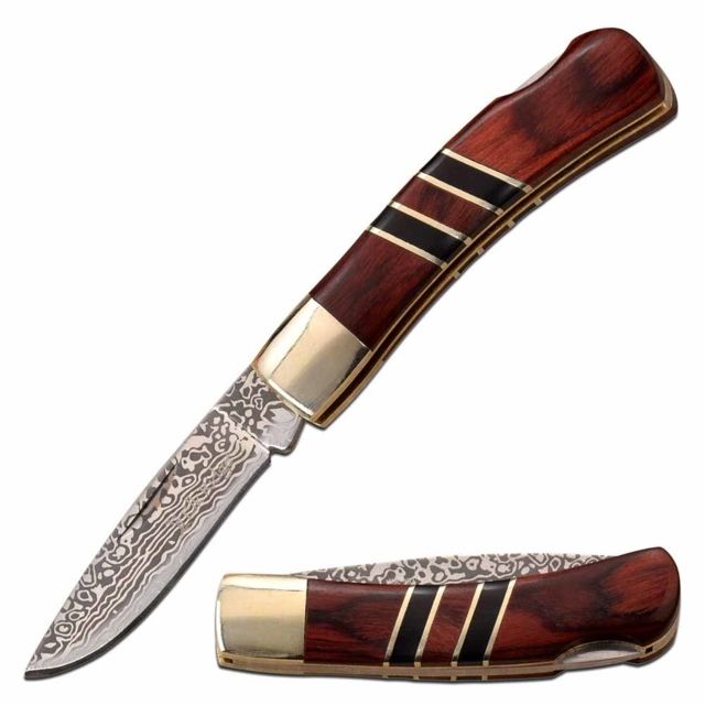 Elk Ridge  Manual Folding Knife 2.25in 3CR13 Stainless Steel Drop Point Damascus Blade Pakkawood Handle Nickle/Wood - Elk Ridge