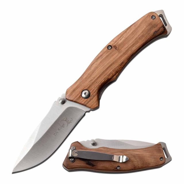 Elk Ridge  Spring Assisted Knife 3.1in 3CR13 Stainless Steel Spear Point Steel Blade Wooden Handle Zebra Wood - Elk Ridge