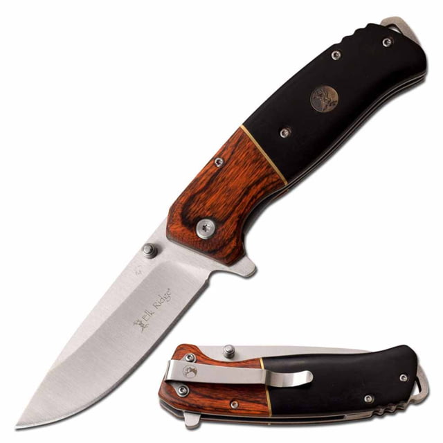 Elk Ridge  Spring Assisted Knife 3.5in 3CR13 Stainless Steel Drop Point Steel Blade Pakkawood Handle Black/Wood - Elk Ridge