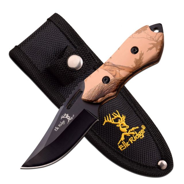 Elk Ridge Fixed Blade 6in Stainless Steel Blade Camo Coated Pakkawood Handle - Elk Ridge