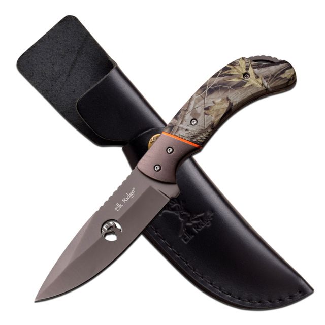 Elk Ridge Fixed Blade 7.75in Stainless Steel Blade Camo Coated Wood Handle - Elk Ridge