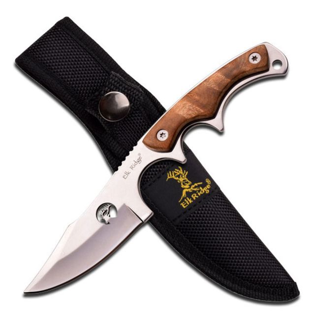 Elk Ridge Fixed Blade 7in Stainless Steel Blade Burl Wood Overlay Handle - Elk Ridge