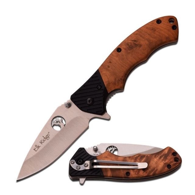 Elk Ridge Folding Blade 3.25in Stainless Steel Blade Burl Wood Handle - Elk Ridge