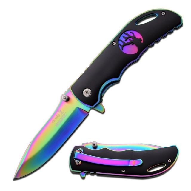 Elk Ridge Folding Blade 3.5in Stainless Steel Blade Rainbow Stainless Steel Handle - Elk Ridge