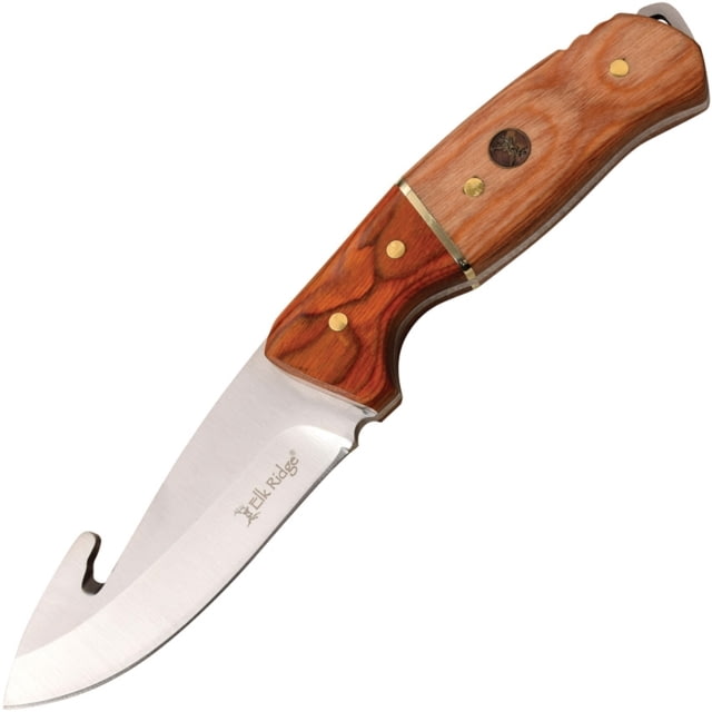 Elk Ridge Guthook Knife 9in Overall 4in Satin 3Cr13 SS Guthook Blade Brown Pakkawood Handle Brown Leather Sheath