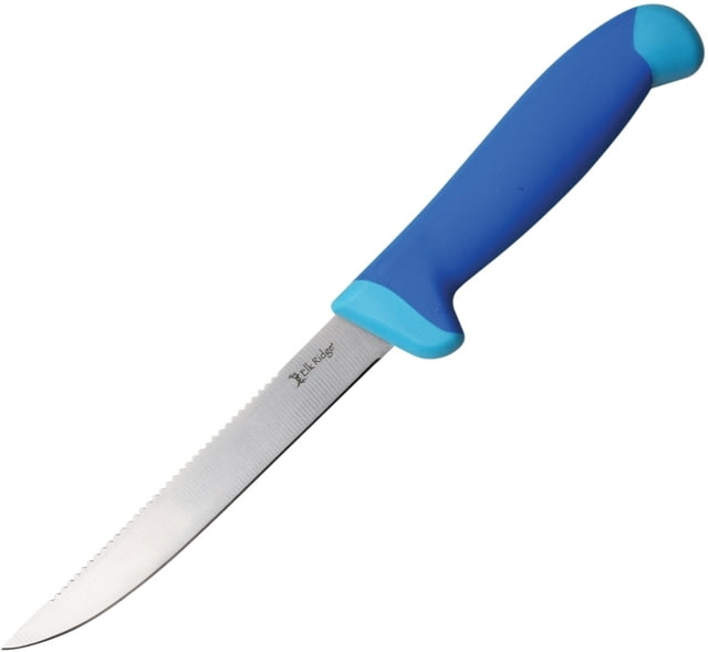 Elk Ridge Knife 11.75in Overall 6in Satin 5Cr15Mov SS Blade Blue Rubberized Nylon Handle Sawback Blade Black Nylon Sheath - Elk Ridge
