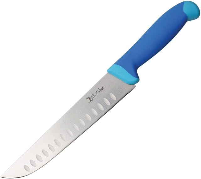 Elk Ridge Knife 13.5in Overall 8in Satin 5Cr15Mov SS Blade Blue Rubberized Nylon Handle Black Nylon Sheath - Elk Ridge