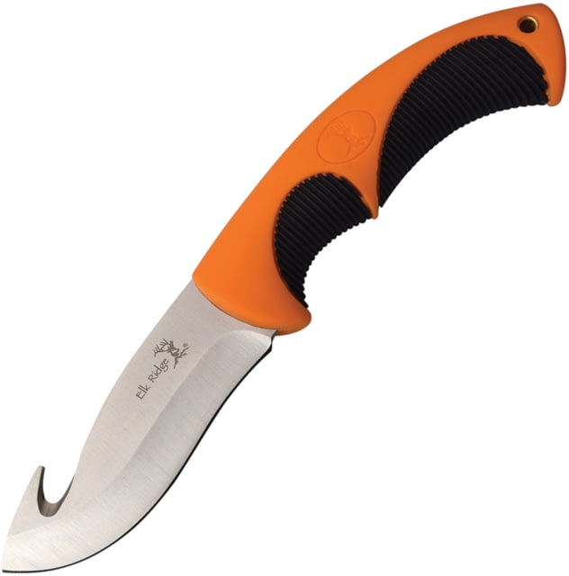 Elk Ridge Knife 9.25in Overall 4in Satin 3Cr13 SS Guthook Blade Rubberized Nylon Handle Orange And Black Handle Black Nylon Sheath - Elk Ridge