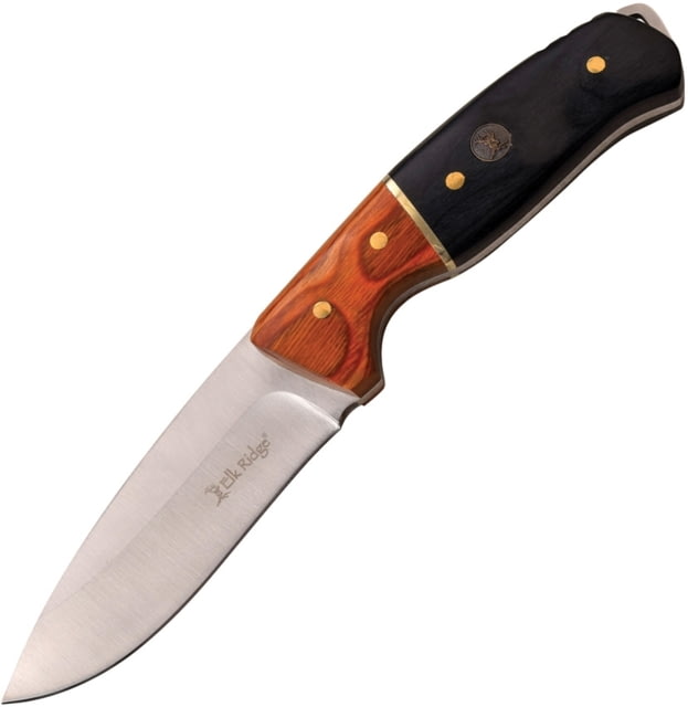 Elk Ridge Knife 9in Overall 4in Satin 3Cr13 SS Drop Point Black/Brown Pakkawood Handle Brown Leather Sheath - Elk Ridge