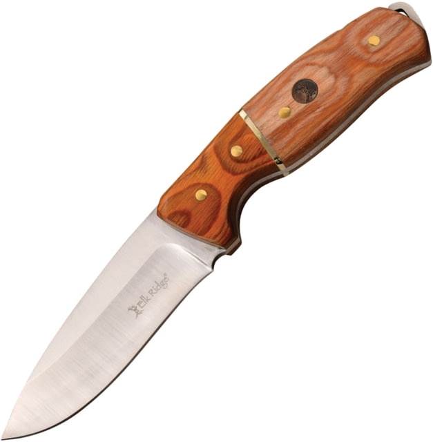 Elk Ridge Knife 9in Overall 4in Satin 3Cr13 SS Drop Point Brown Pakkawood Handle Brown Leather Sheath