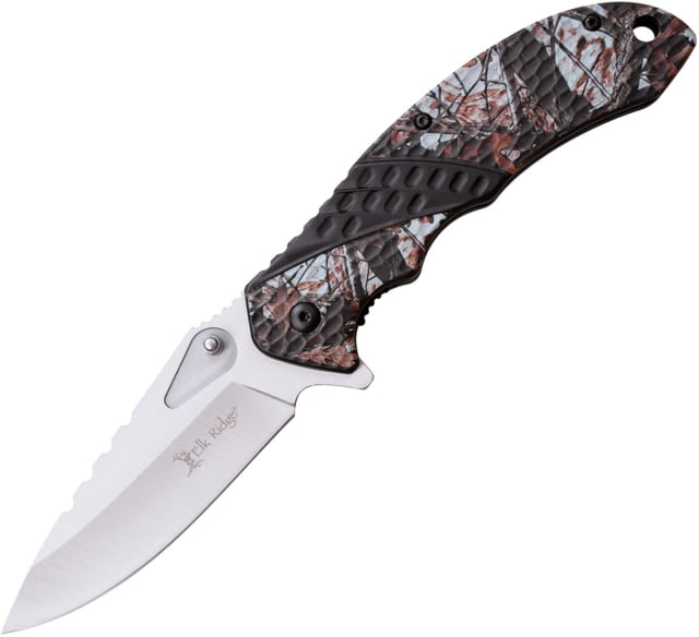 Elk Ridge Linerlock A/O Folding Knife 3.5" satin finish 3Cr13 stainless blade Camo textured aluminum handle