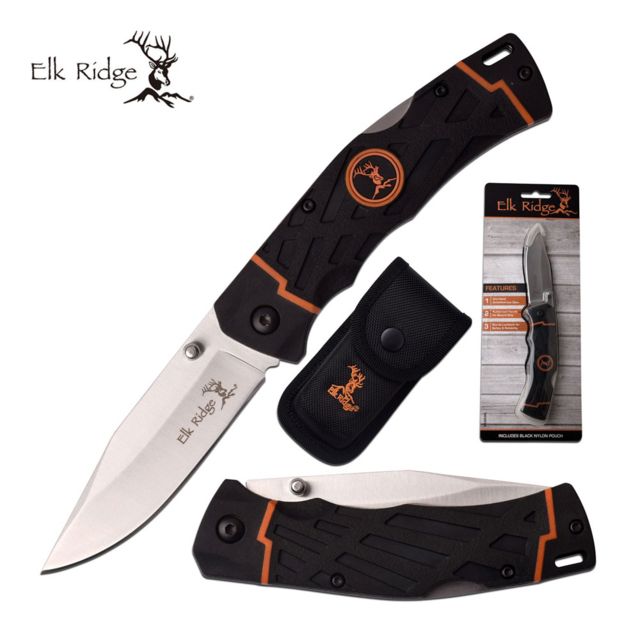 Elk Ridge Manual Folding Knife Black/Orange Double Injection Rubber Handle Lifetime Limited Warranty ELK-05405 - Elk Ridge