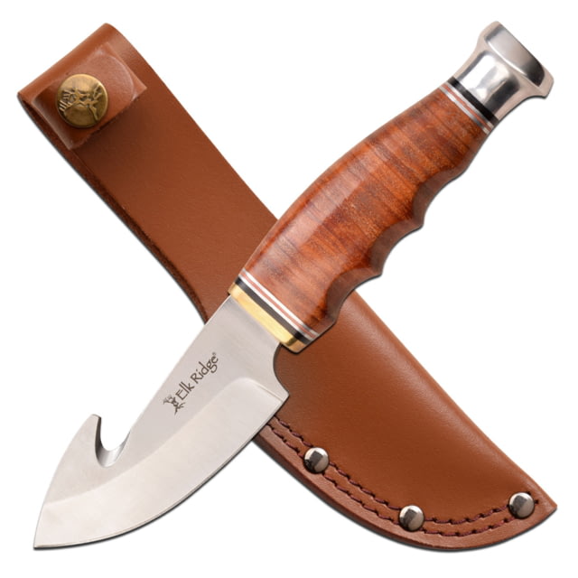 Elk Ridge Outskirt Fixed Blade Gut Hook Knife 8Cr13 Stainless Steel Drop Point Brown - Elk Ridge