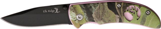 Elk Ridge Pink Camo Linerlock Folding Knife 2.25in Black Drop Point Pink Aluminum Handle