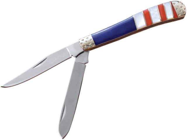 Elk Ridge Trapper Red White Blue Folding Knife Mirror finish stainless clip and spey blades Red white and blue synthetic handle