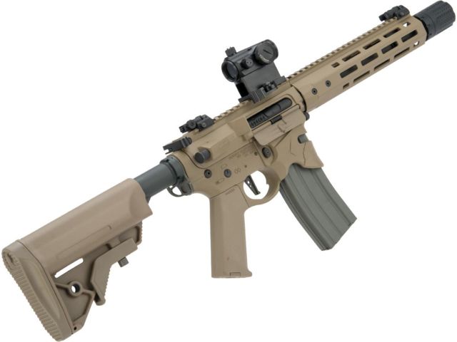 EMG Sharps Bros Overthrow Licensed Full Metal Advanced M4 Airsoft AEG Training Rifle w/Slim Motor Grip 12in SBR Dark Earth Large - EMG