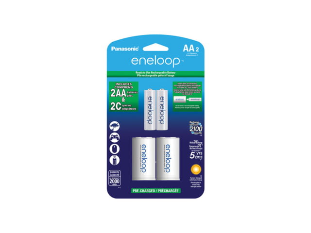 Eneloop Rechargeable AA 1.2V 2000mAh NiMh Batteries with C-cell Spacers - 2pk White - Eneloop