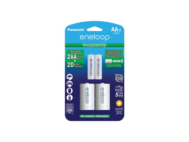 Eneloop Rechargeable AA 1.2V 2000mAh NiMh Batteries with D-cell Spacers - 2pk White - Eneloop