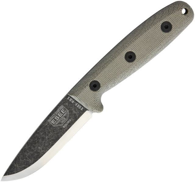 Esee Camp Lore Reuben Bolieu Knife 8.13in Overall 3.5in Stonewash 1095 Cro-Van Carbon Steel Drop Point Micarta Handle Brown Leather Sheath Designed By