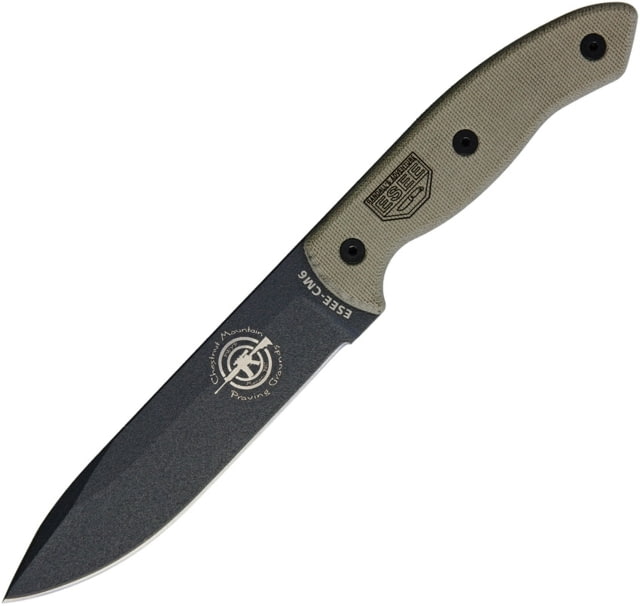 Esee CM6 Combat Tactical Fixed Blade Knife 11.13in Overall 5.88in Gray Powder Coated 1095Hc Steel Drop Point Green Canvas Micarta Handle Black Kydex - Esee