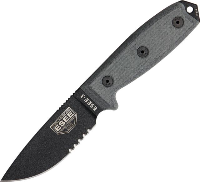 Esee Mdl 3 Knife 3.75in Srtd Black Micarta Hdl Black Sheath OD Green Lanyard ES3SB - Esee