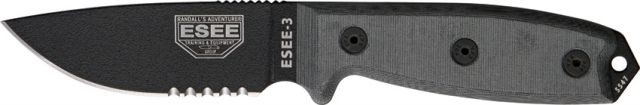 Esee Mdl 3 Part Srtd Fxd Knife 3.75in Srtd Black Linen Micarta HdlPommel Brown Sheath and Spring Steel Clip Plate RC3S - Esee
