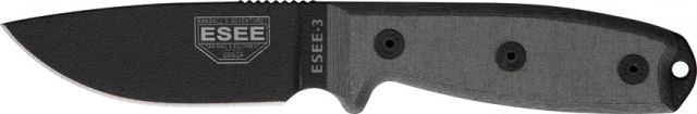 Esee Mdl 3 Stnd Edge Fxd Knife 3.75in Black Textured Powder Coated Carbon Steel Black Linen Micarta Hdl RC3PM - Esee