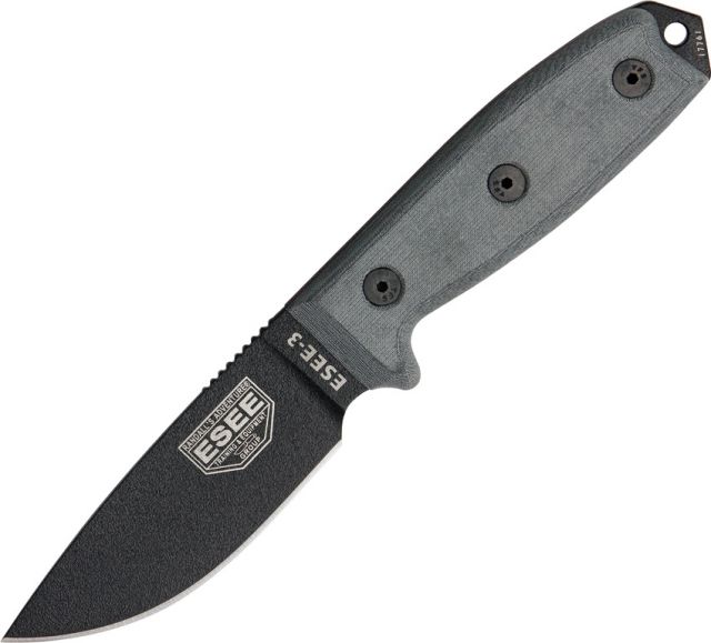 Esee Mdl 3 Stnd Edge Fxd Knife 3.75in Carbon Steel Stnd Edge Blde Black Micarta HdlPommel ES3PB
