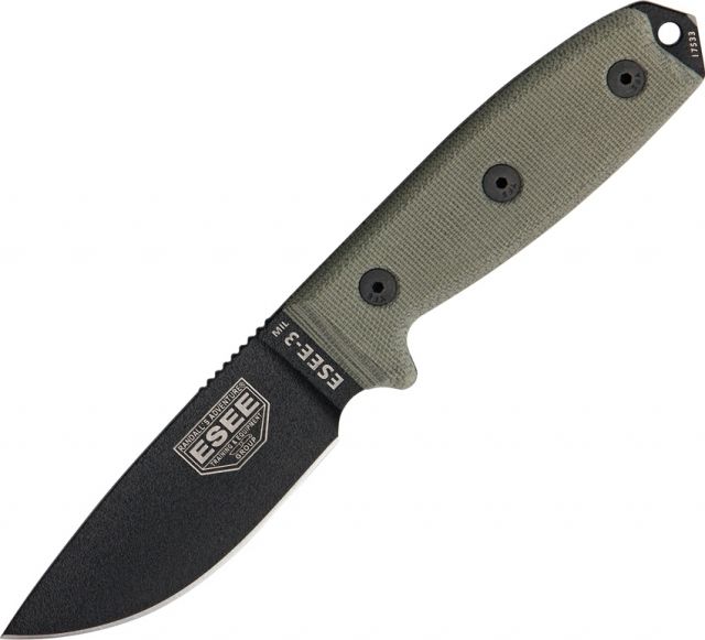 Esee Mdl 3MIL Plain Blde Fxd Blde Knife 3.75in Black Steel Stnd Edge Blde Light Green Micarta Hdl ES3MILPB - Esee