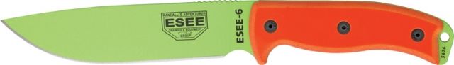 Esee Model 6 Fixed Blade Knife 6.375in Venom Green Steel Orange G10 Handle Black Sheath OD Green Lanyard Boot Clip ES6PVG - Esee
