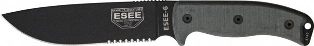 Esee Model 6 Part Serrated Fixed Blade Knife 5.75in Black Text Blade Black Linen Micarta HandlePommel Black Sheathclip plate - Esee
