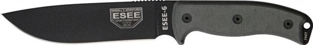 Esee Model 6 Plain Edge Fixed Blade Knife 5.75in Black Steel Black Micarta HandlePommelOD Green Sheath clip plate - Esee