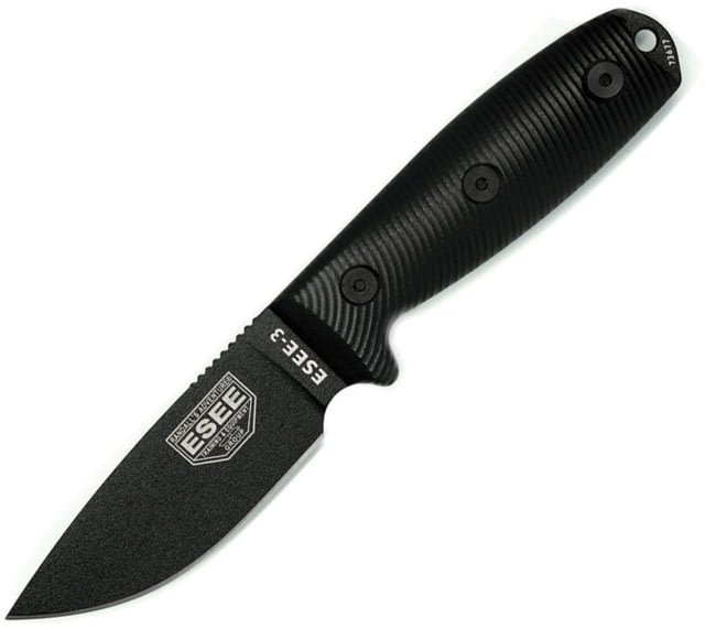 Esee Model 3 3D Fixed Blade Black Knife 3.88" black powder coated 1095HC steel blade Black 3D machined G10 handle