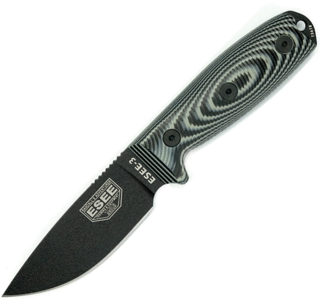 Esee Model 3 3D Fixed Blade Black Knife 3.88" black powder coated 1095HC steel blade Black and gray 3D machined G10 handle - Esee